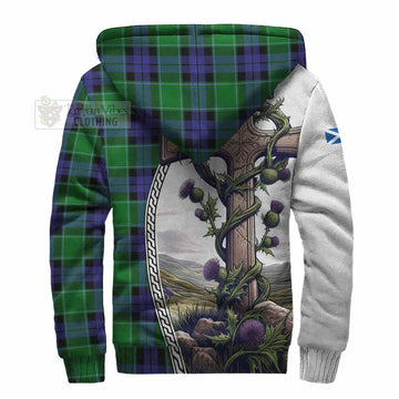 Monteith Tartan Sherpa Hoodie with Family Crest and St. Andrew's Cross Accented by Thistle Vines - Tartan Vibes Clothing