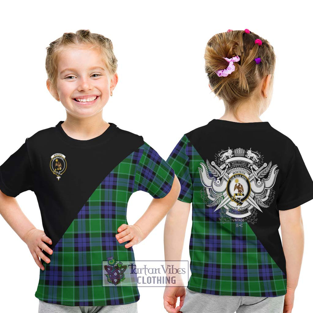 Monteith Tartan Kid T-Shirt with Family Crest and Military Logo Style - Tartan Vibes Clothing