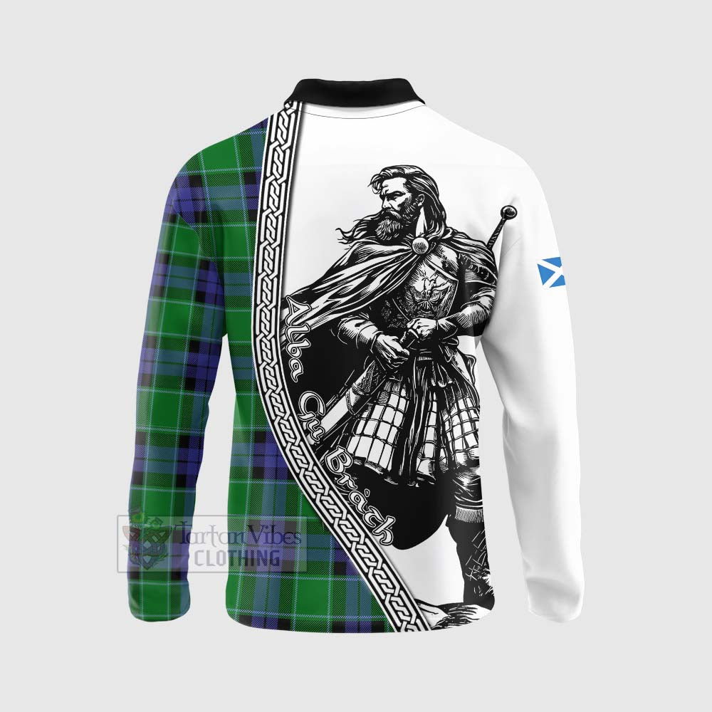 Monteith Tartan Clan Crest Long Sleeve Polo Shirt with Highlander Warrior Celtic Style - Tartan Vibes Clothing