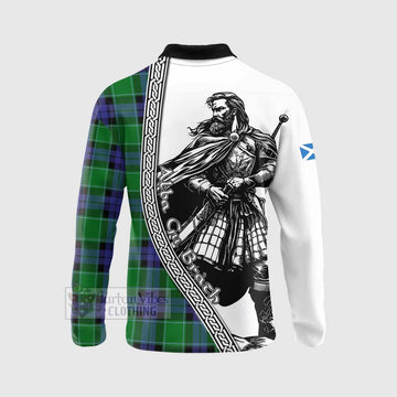 Monteith Tartan Clan Crest Long Sleeve Polo Shirt with Highlander Warrior Celtic Style - Tartan Vibes Clothing