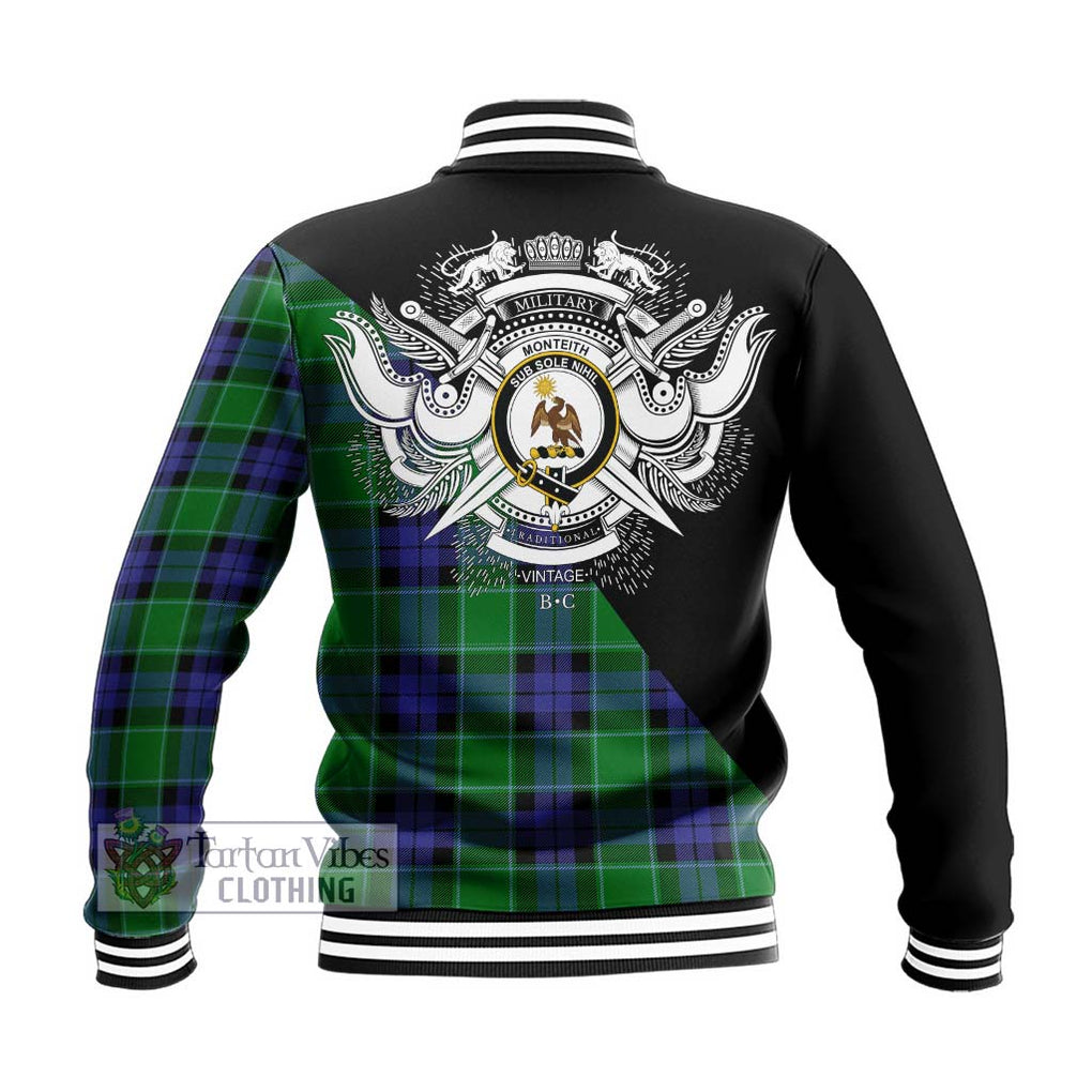 Monteith Tartan Baseball Jacket with Family Crest and Military Logo Style - Tartan Vibes Clothing