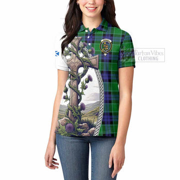 Monteith Tartan Women's Polo Shirt with Family Crest and St. Andrew's Cross Accented by Thistle Vines - Tartan Vibes Clothing