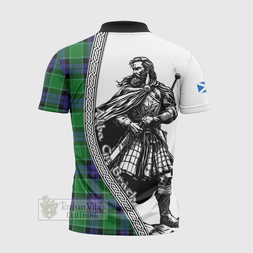 Monteith Tartan Clan Crest Zipper Polo Shirt with Highlander Warrior Celtic Style - Tartan Vibes Clothing