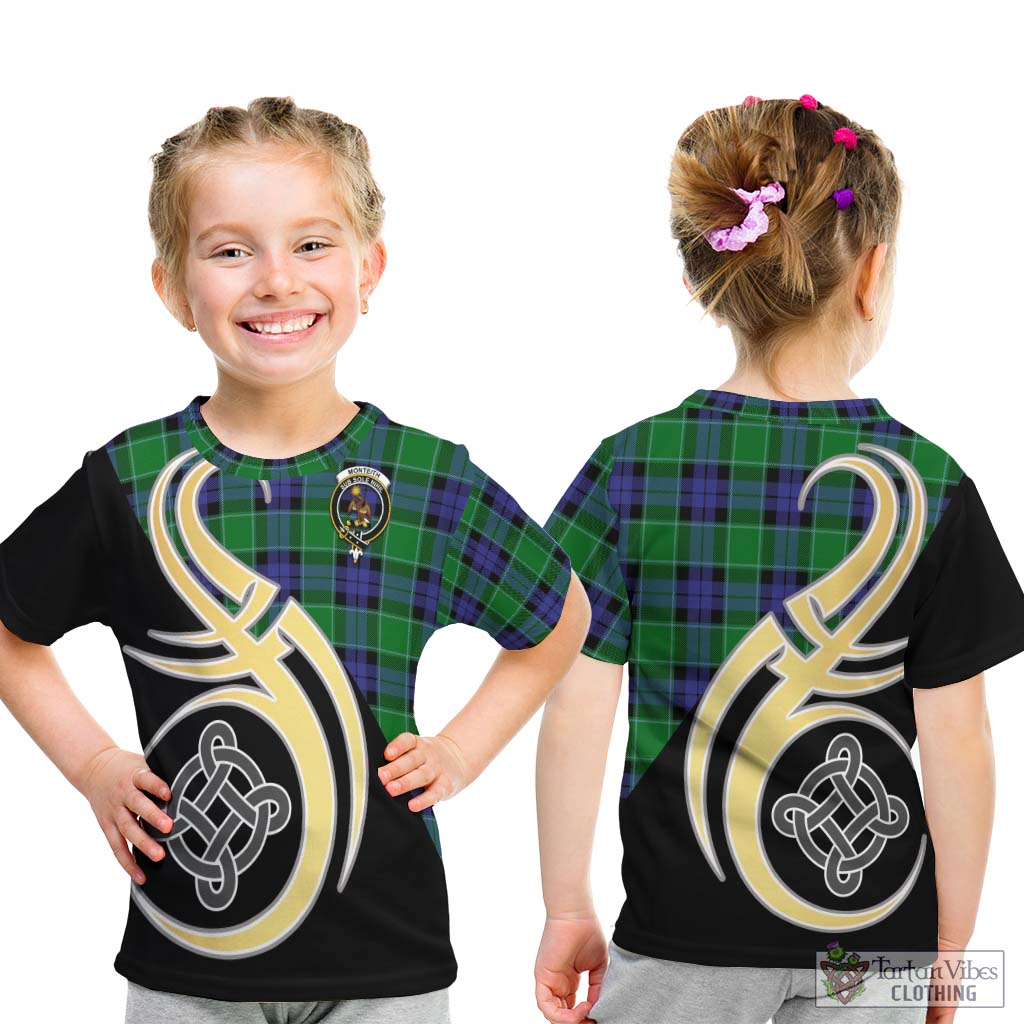 Monteith Tartan Kid T-Shirt with Family Crest and Celtic Symbol Style - Tartan Vibes Clothing
