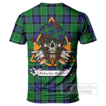 Monteith Tartan T-Shirt with Family Crest and Bearded Skull Holding Bottles of Whiskey - Tartan Vibes Clothing