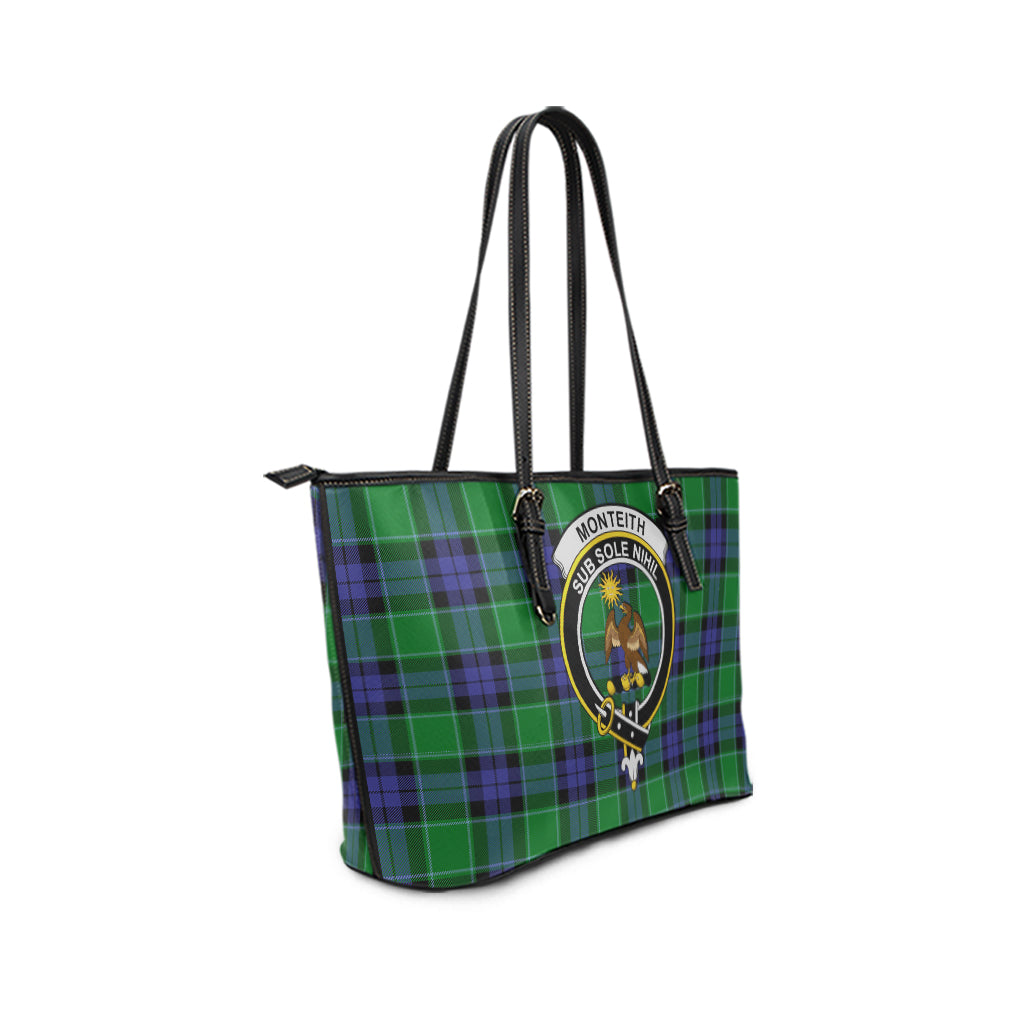 Monteith Tartan Leather Tote Bag with Family Crest - Tartan Vibes Clothing