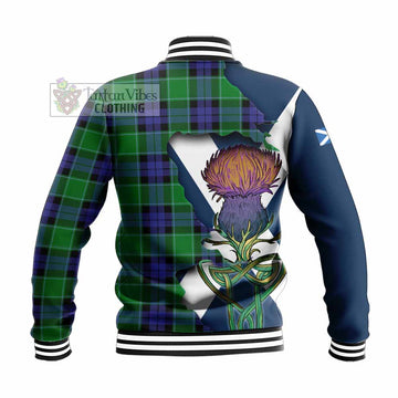 Tartan Vibes Clothing Monteith Tartan Family Crest Baseball Jacket Scottish Thistle Celtic Inspired