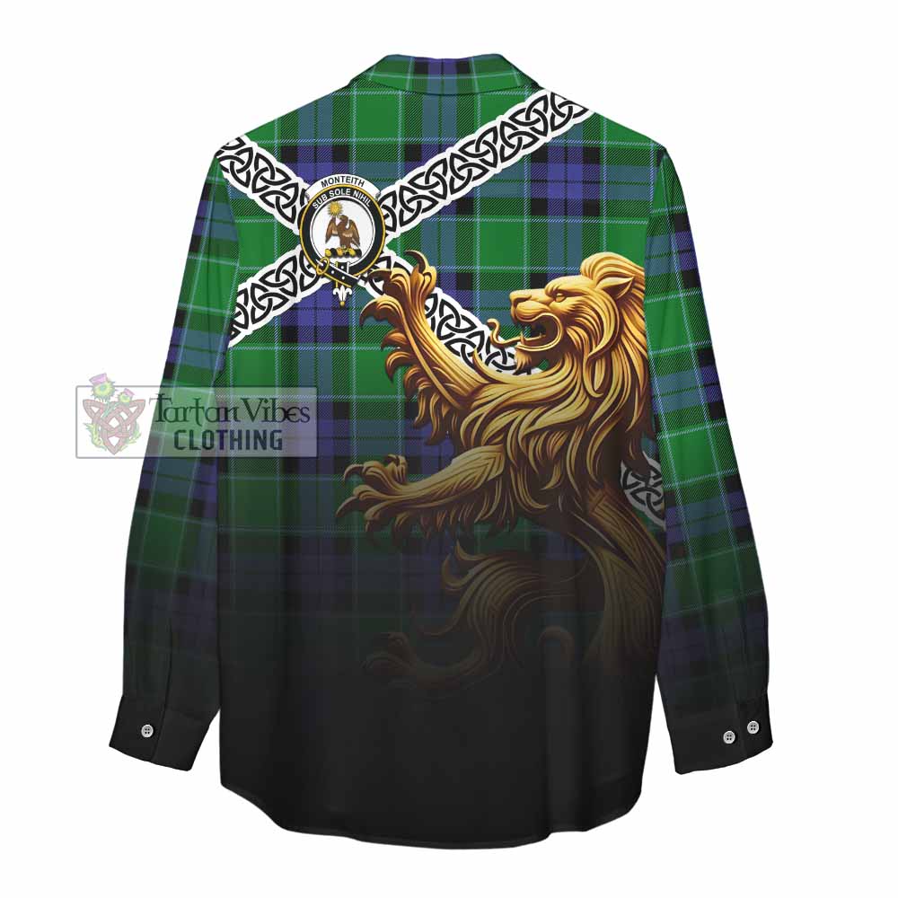 Monteith Crest Tartan Women's Casual Shirt with Golden Lion Emblem Celtic Style - Tartan Vibes Clothing