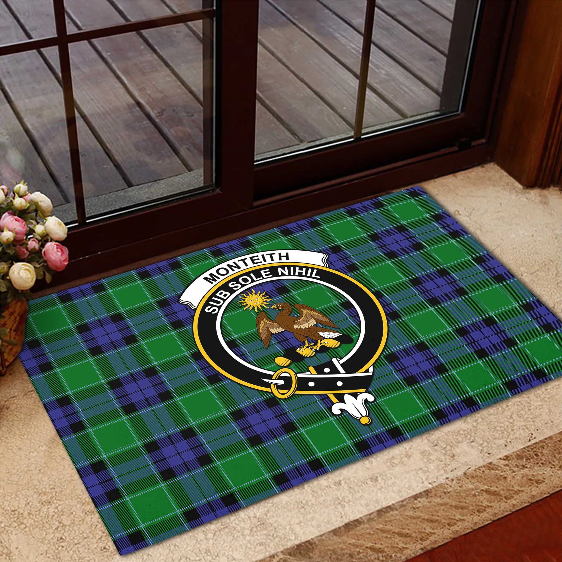 Monteith Tartan Door Mat with Family Crest