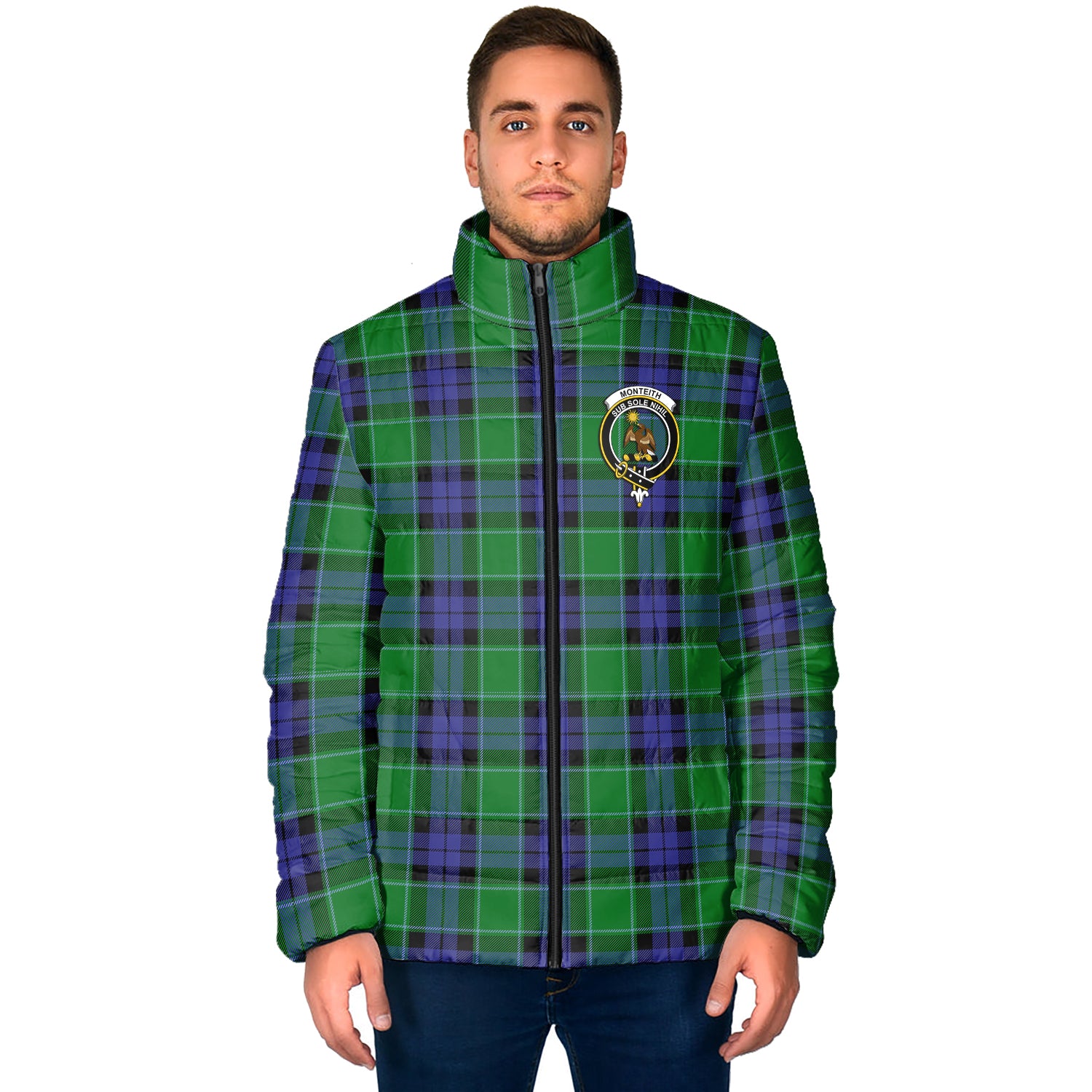 Monteith Tartan Padded Jacket with Family Crest - Tartan Vibes Clothing
