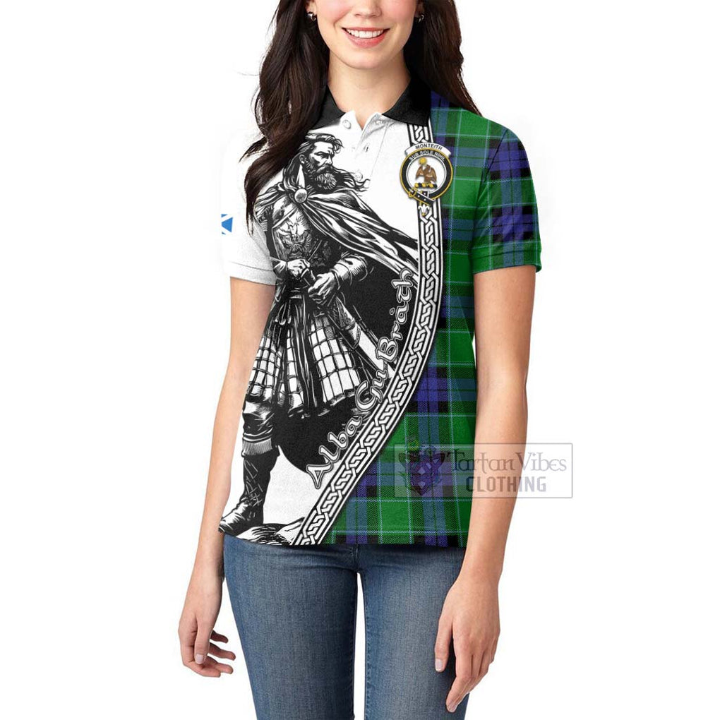 Monteith Tartan Clan Crest Women's Polo Shirt with Highlander Warrior Celtic Style - Tartan Vibes Clothing