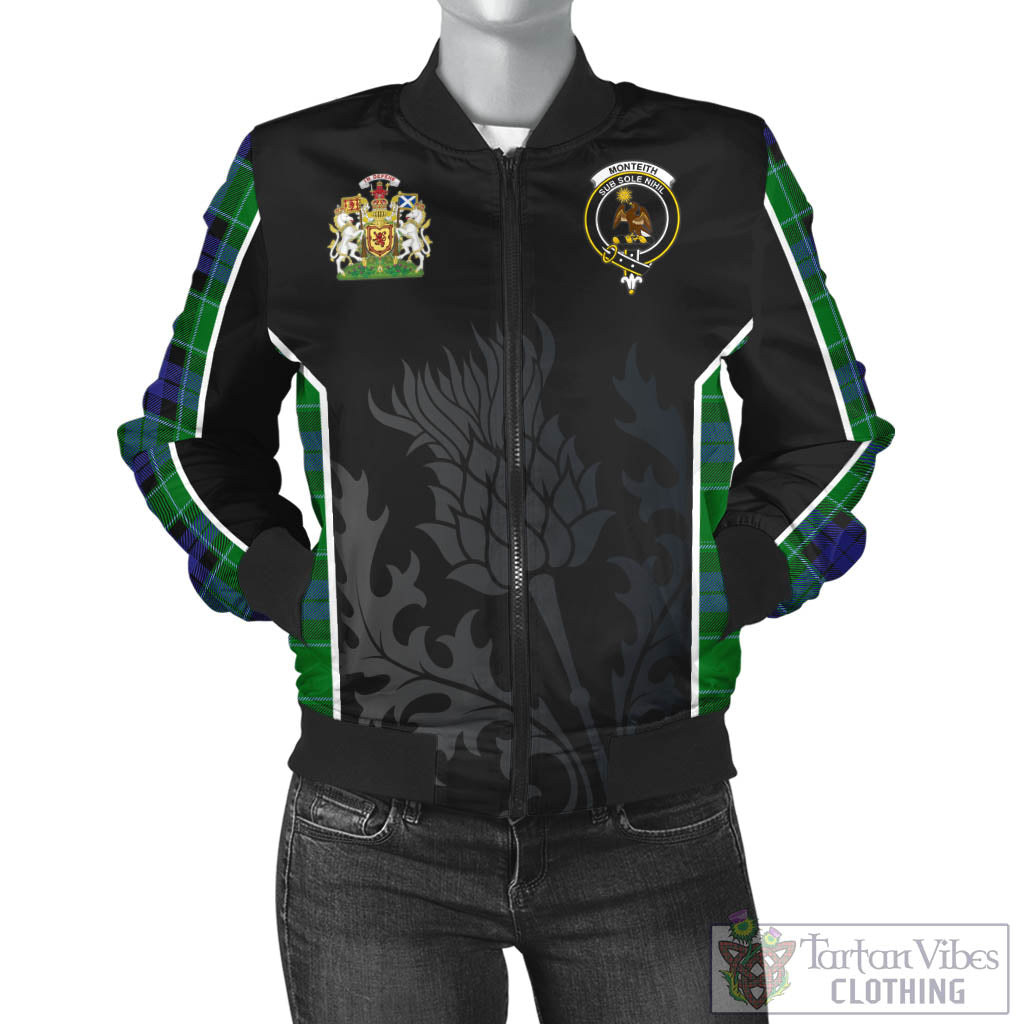 Tartan Vibes Clothing Monteith Tartan Bomber Jacket with Family Crest and Scottish Thistle Vibes Sport Style