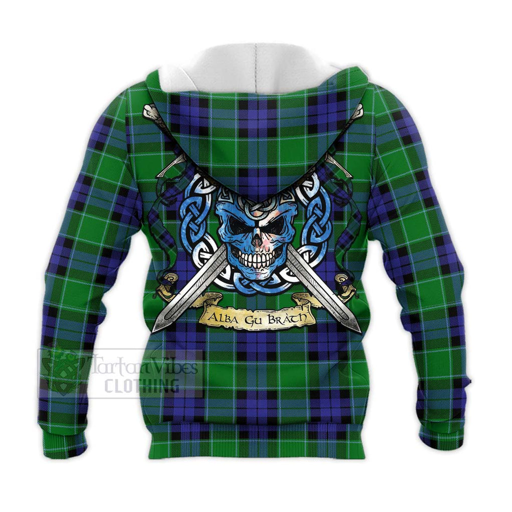 Monteith Tartan Knitted Hoodie with Family Crest Celtic Skull Style - Tartan Vibes Clothing