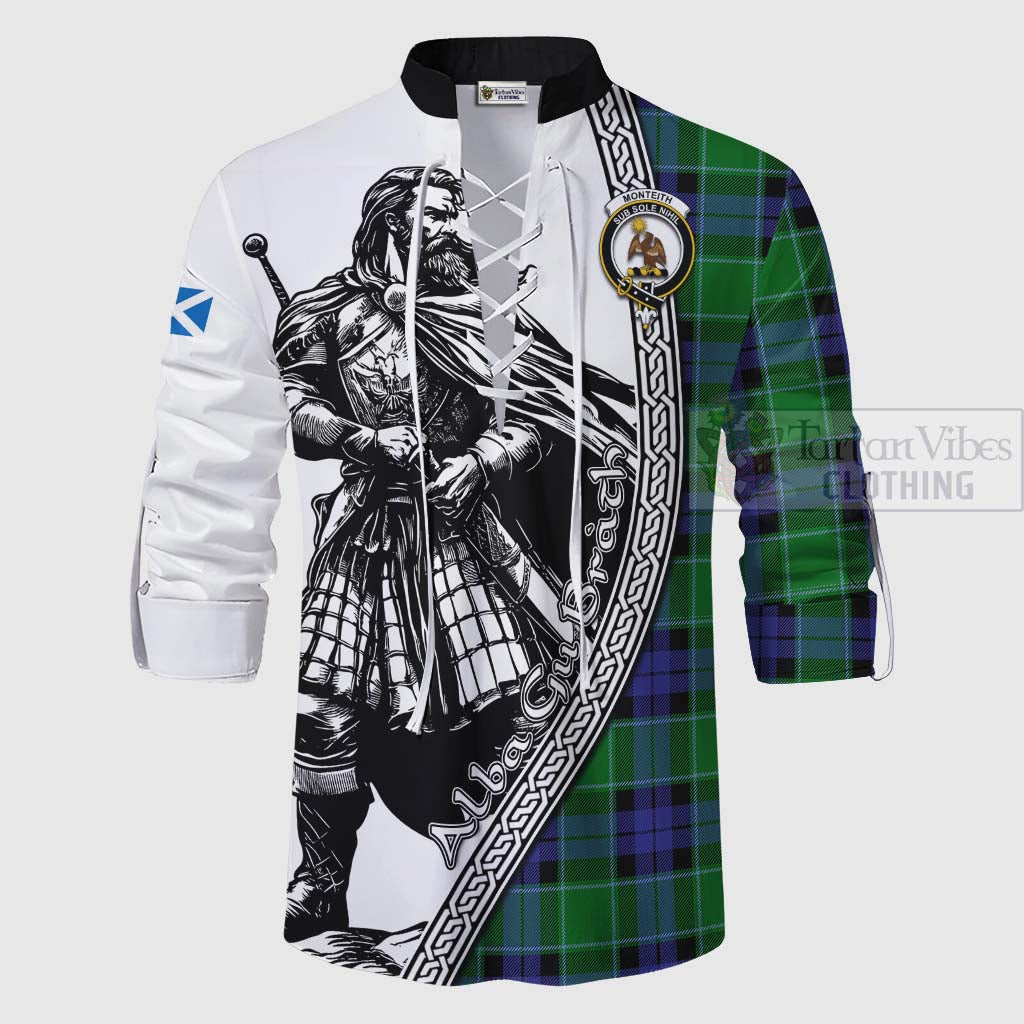 Monteith Tartan Clan Crest Ghillie Kilt Shirt with Highlander Warrior Celtic Style - Tartan Vibes Clothing