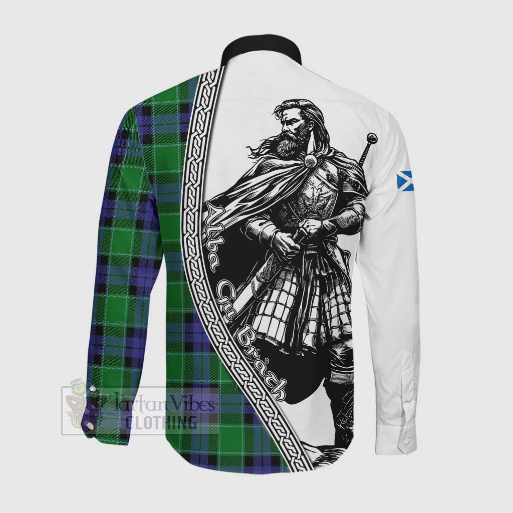 Monteith Tartan Clan Crest Long Sleeve Button Shirt with Highlander Warrior Celtic Style Men's Shirt - Tartan Vibes Clothing