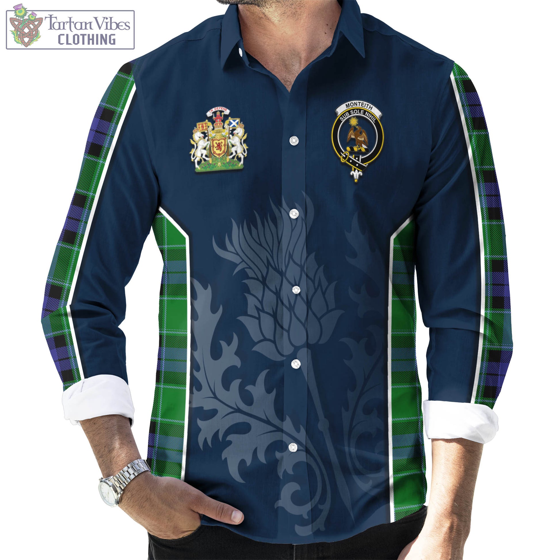 Tartan Vibes Clothing Monteith Tartan Long Sleeve Button Up Shirt with Family Crest and Scottish Thistle Vibes Sport Style