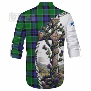 Monteith Tartan Ghillie Kilt Shirt with Family Crest and St. Andrew's Cross Accented by Thistle Vines