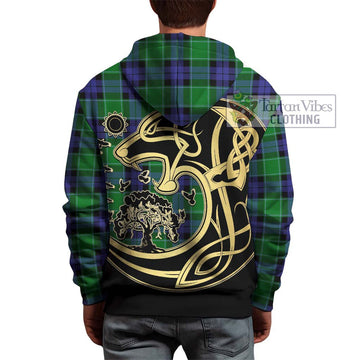 Monteith Tartan Hoodie with Family Crest Celtic Wolf Style - Tartan Vibes Clothing