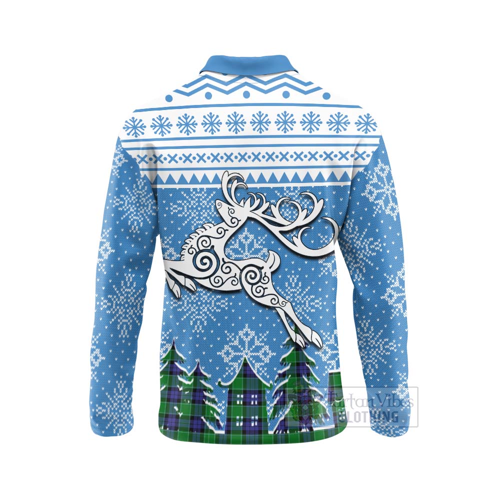Monteith Clan Christmas Long Sleeve Polo Shirt Celtic Reindeer Style - Tartan Vibes Clothing