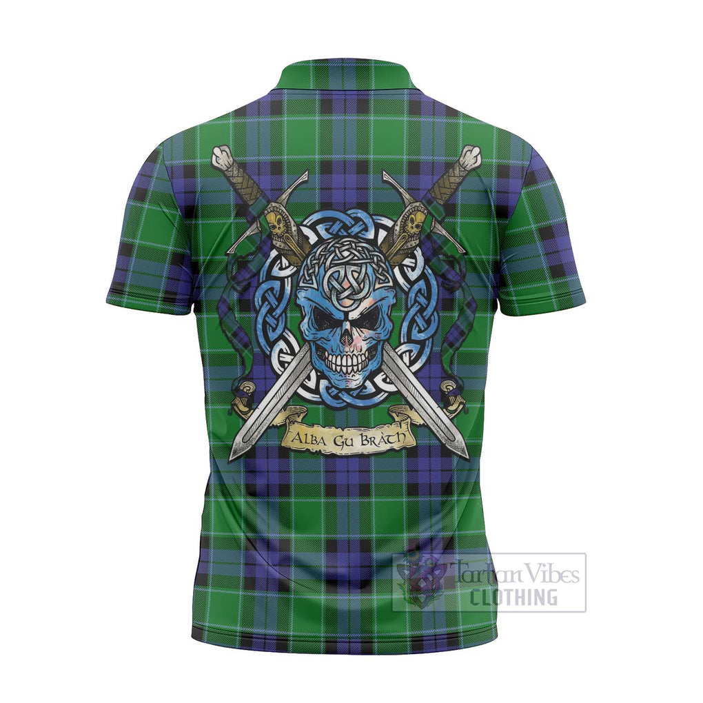 Monteith Tartan Zipper Polo Shirt with Family Crest Celtic Skull Style - Tartan Vibes Clothing