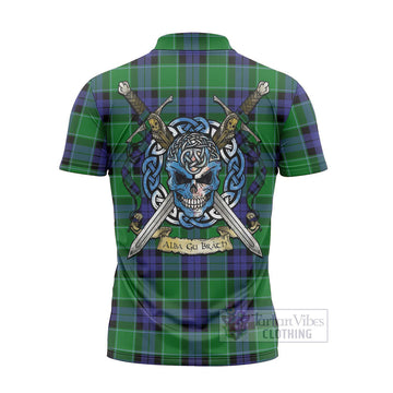 Monteith Tartan Zipper Polo Shirt with Family Crest Celtic Skull Style - Tartan Vibes Clothing