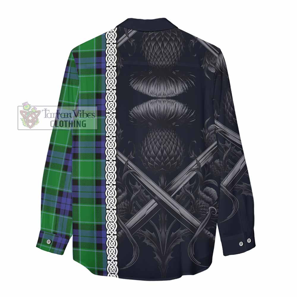 Monteith Tartan Women's Casual Shirt with Family Crest Cross Sword Thistle Celtic Vibes - Tartan Vibes Clothing