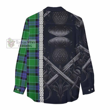 Monteith Tartan Women's Casual Shirt with Family Crest Cross Sword Thistle Celtic Vibes - Tartan Vibes Clothing