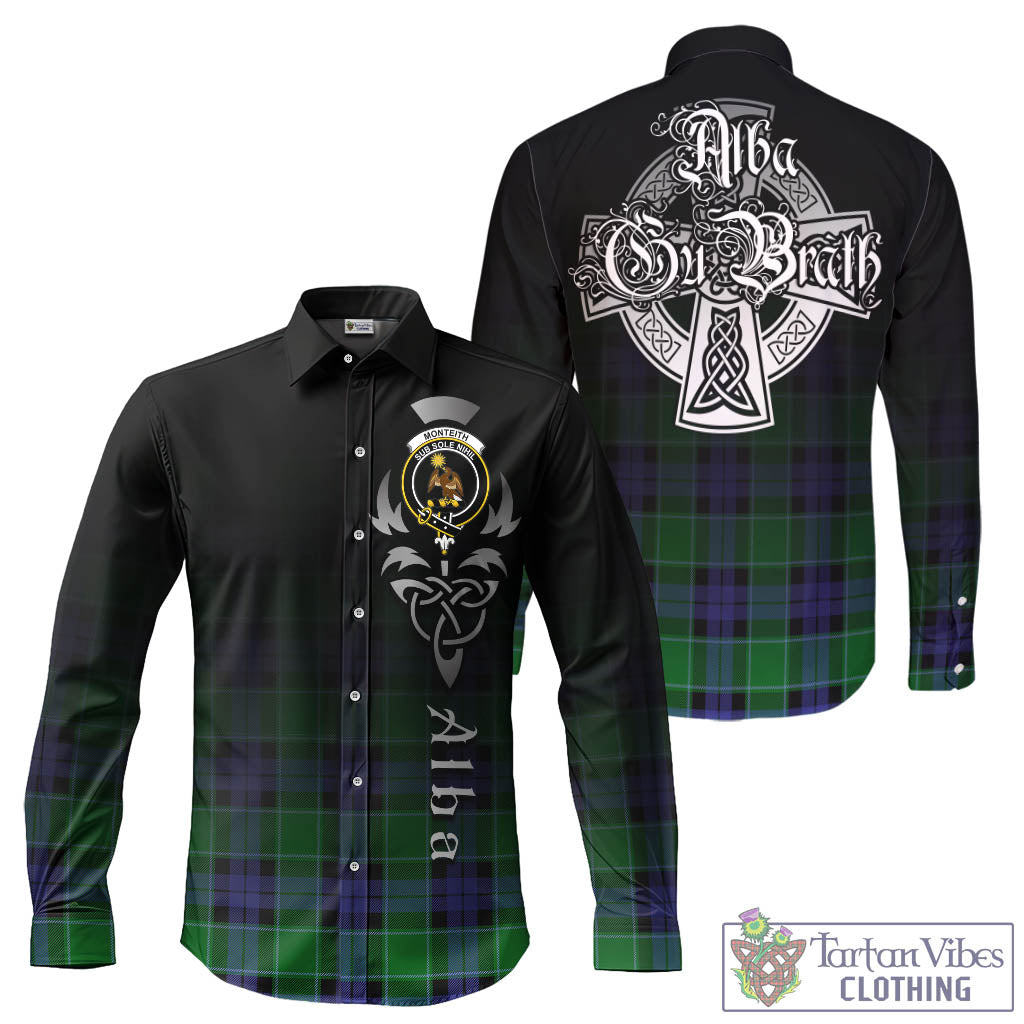Monteith Tartan Long Sleeve Button Up Featuring Alba Gu Brath Family Crest Celtic Inspired - Tartan Vibes Clothing