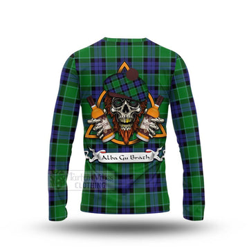 Monteith Tartan Long Sleeve T-Shirt with Family Crest and Bearded Skull Holding Bottles of Whiskey - Tartan Vibes Clothing