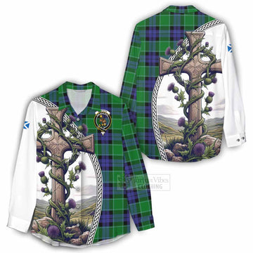Monteith Tartan Women's Casual Shirt with Family Crest and St. Andrew's Cross Accented by Thistle Vines