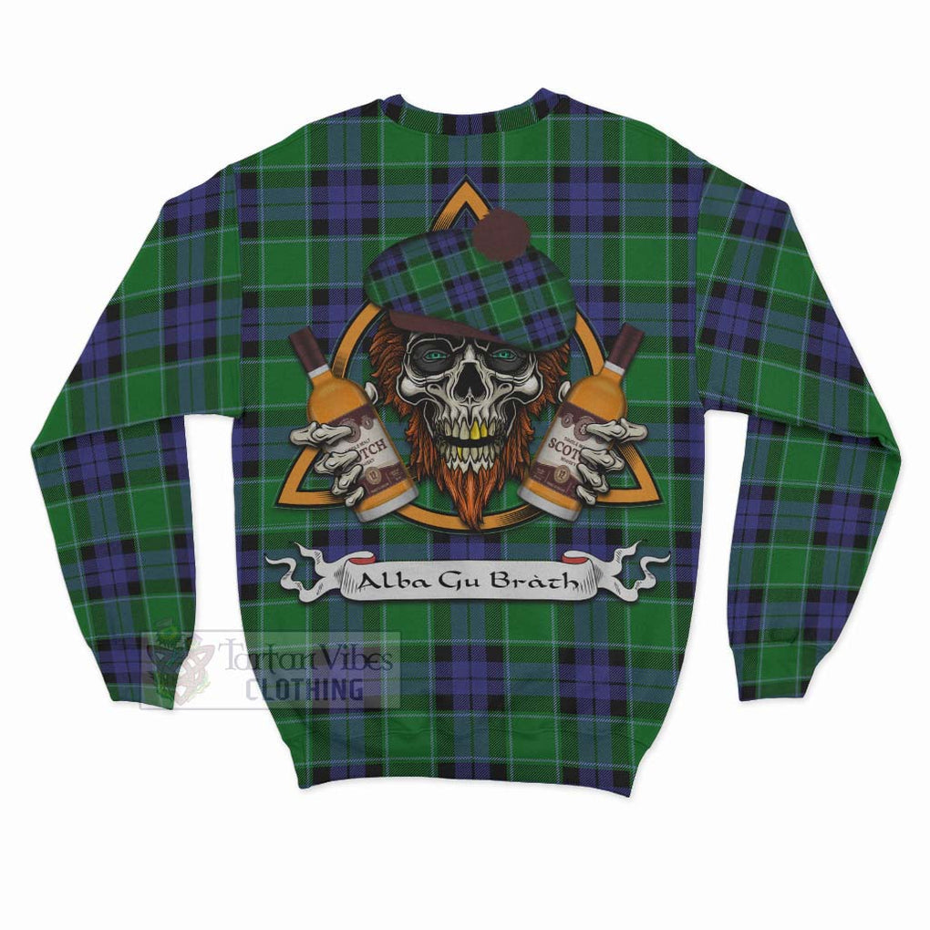 Monteith Tartan Sweatshirt with Family Crest and Bearded Skull Holding Bottles of Whiskey - Tartan Vibes Clothing