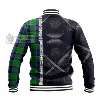 Monteith Tartan Baseball Jacket with Family Crest Cross Sword Thistle Celtic Vibes - Tartan Vibes Clothing