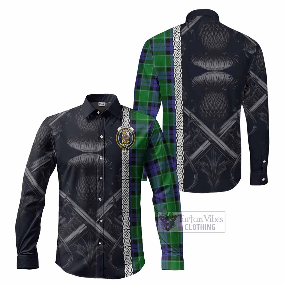 Tartan Vibes Clothing Monteith Tartan Long Sleeve Button Shirt with Family Crest Cross Sword Thistle Celtic Vibes