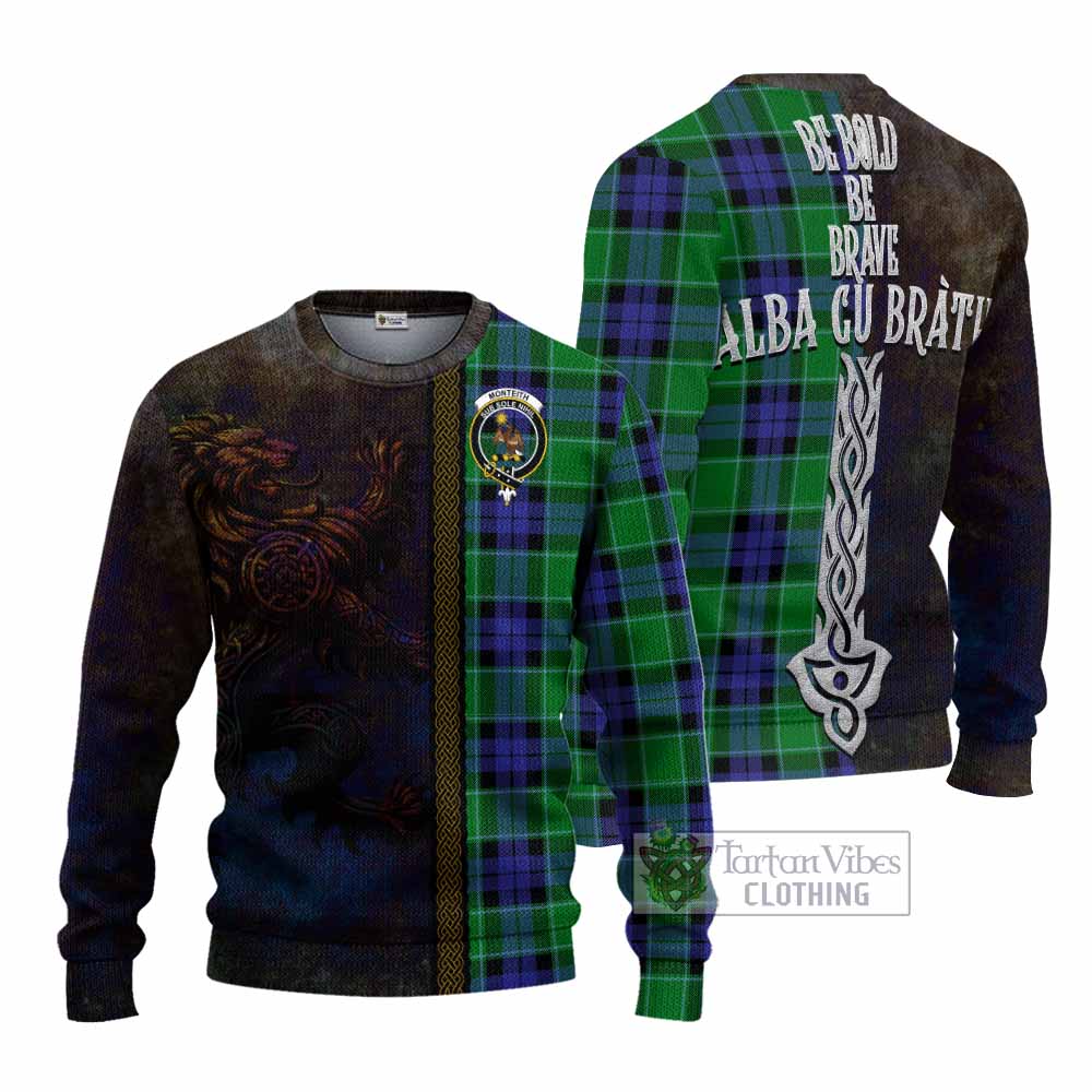 Tartan Vibes Clothing Monteith Tartan Family Crest Knitted Sweater Alba Gu Brath Be Brave Lion Ancient Style
