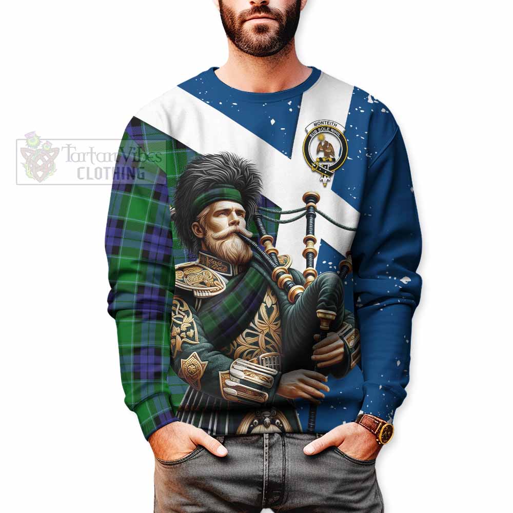 Monteith Tartan Sweatshirt with Family Crest Scottish Bagpiper Vibes - Tartan Vibes Clothing