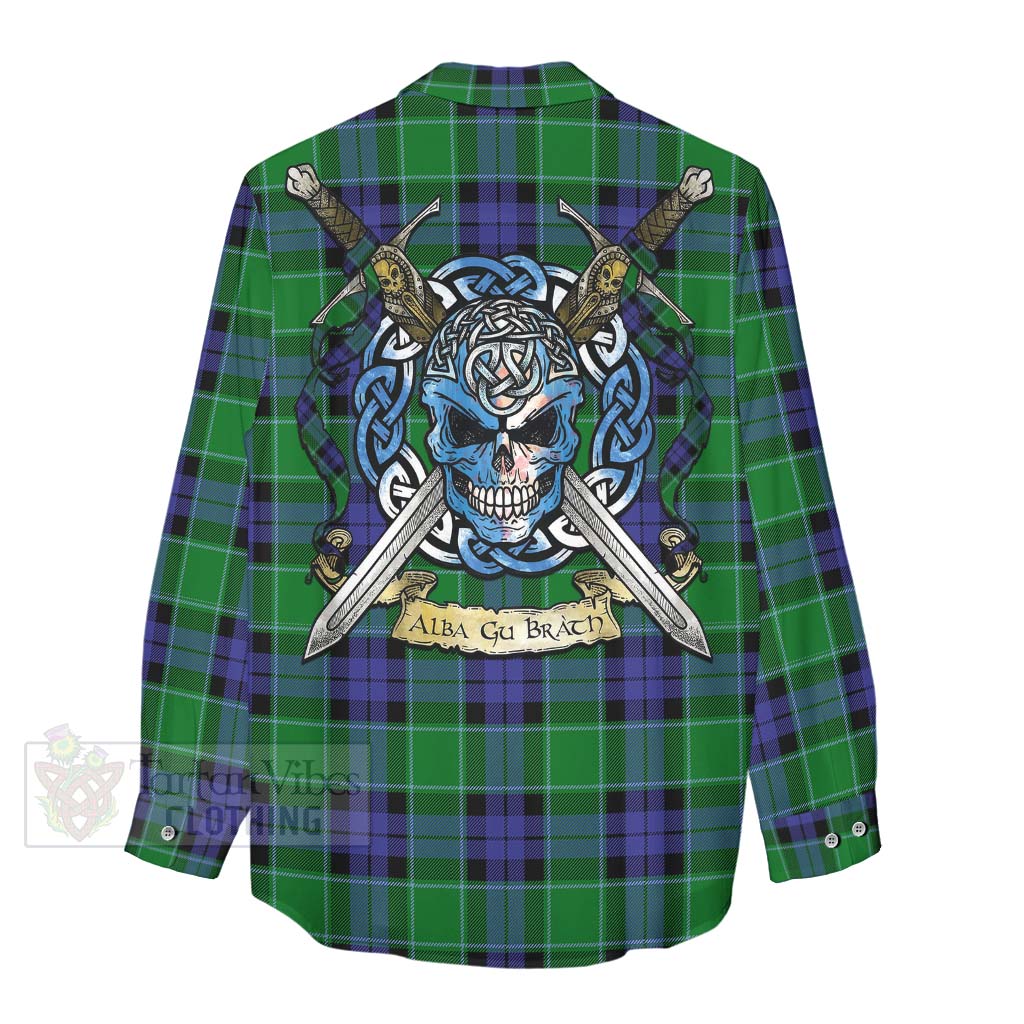 Monteith Tartan Women's Casual Shirt with Family Crest Celtic Skull Style - Tartan Vibes Clothing