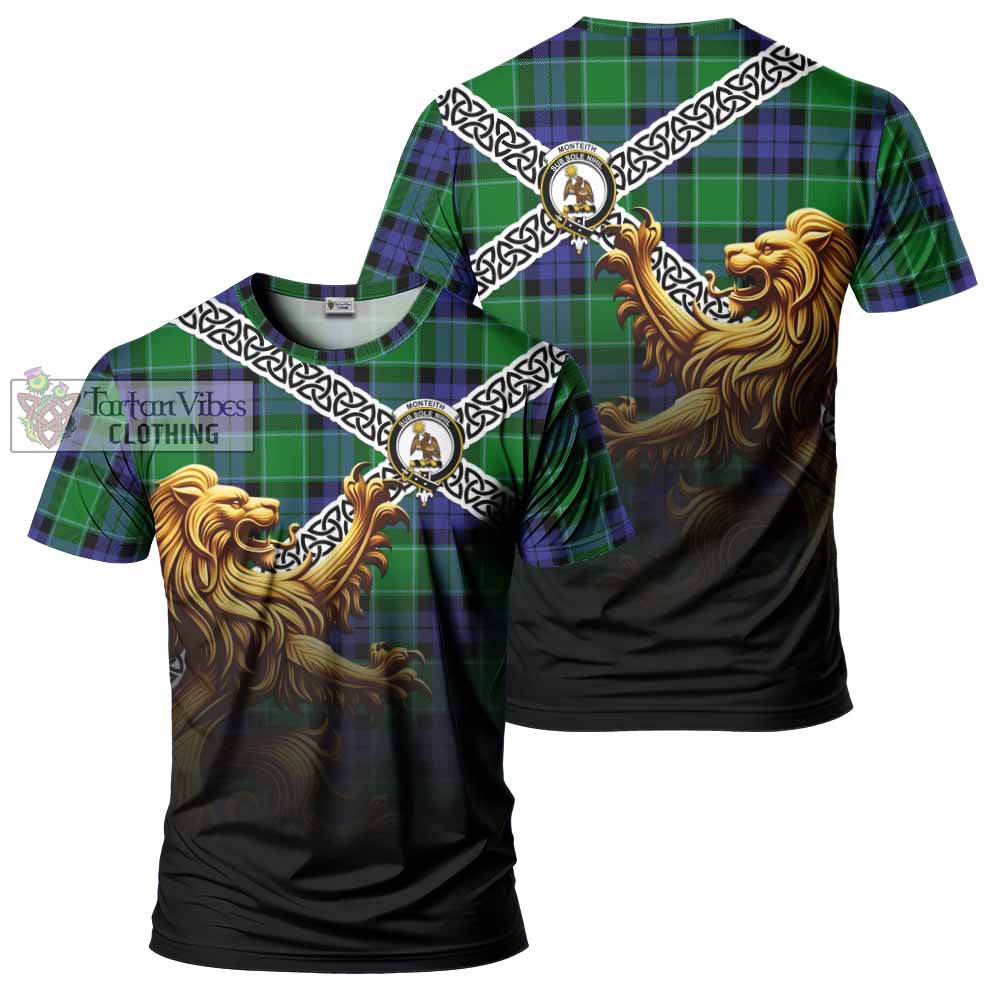 Monteith Crest Tartan T-Shirt with Golden Lion Emblem Celtic Style - Tartan Vibes Clothing