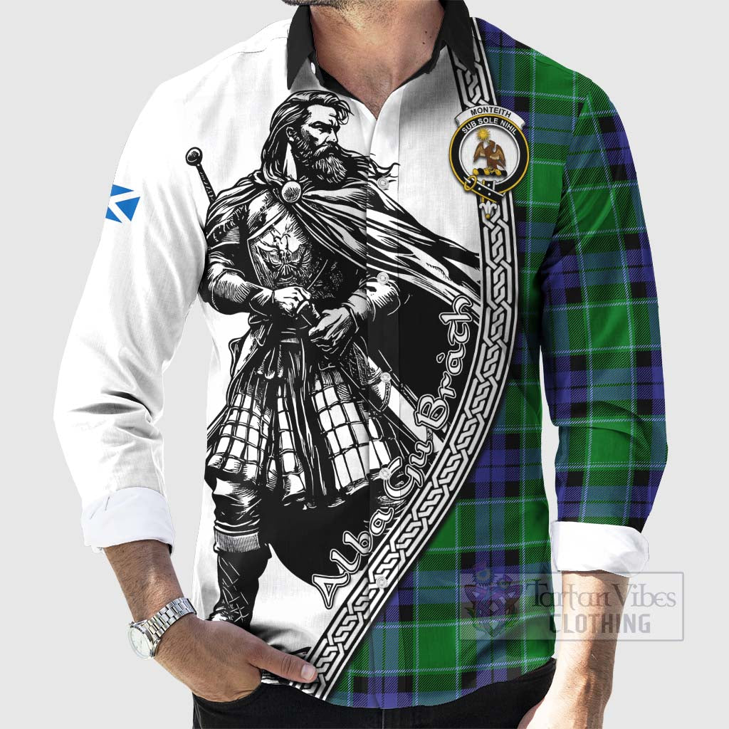Monteith Tartan Clan Crest Long Sleeve Button Shirt with Highlander Warrior Celtic Style - Tartan Vibes Clothing