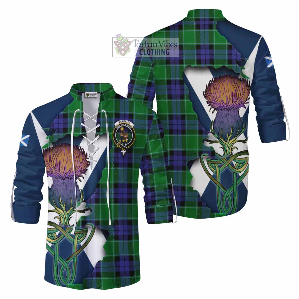 Tartan Vibes Clothing Monteith Tartan Family Crest Ghillie Kilt Shirt Scottish Thistle Celtic Inspired