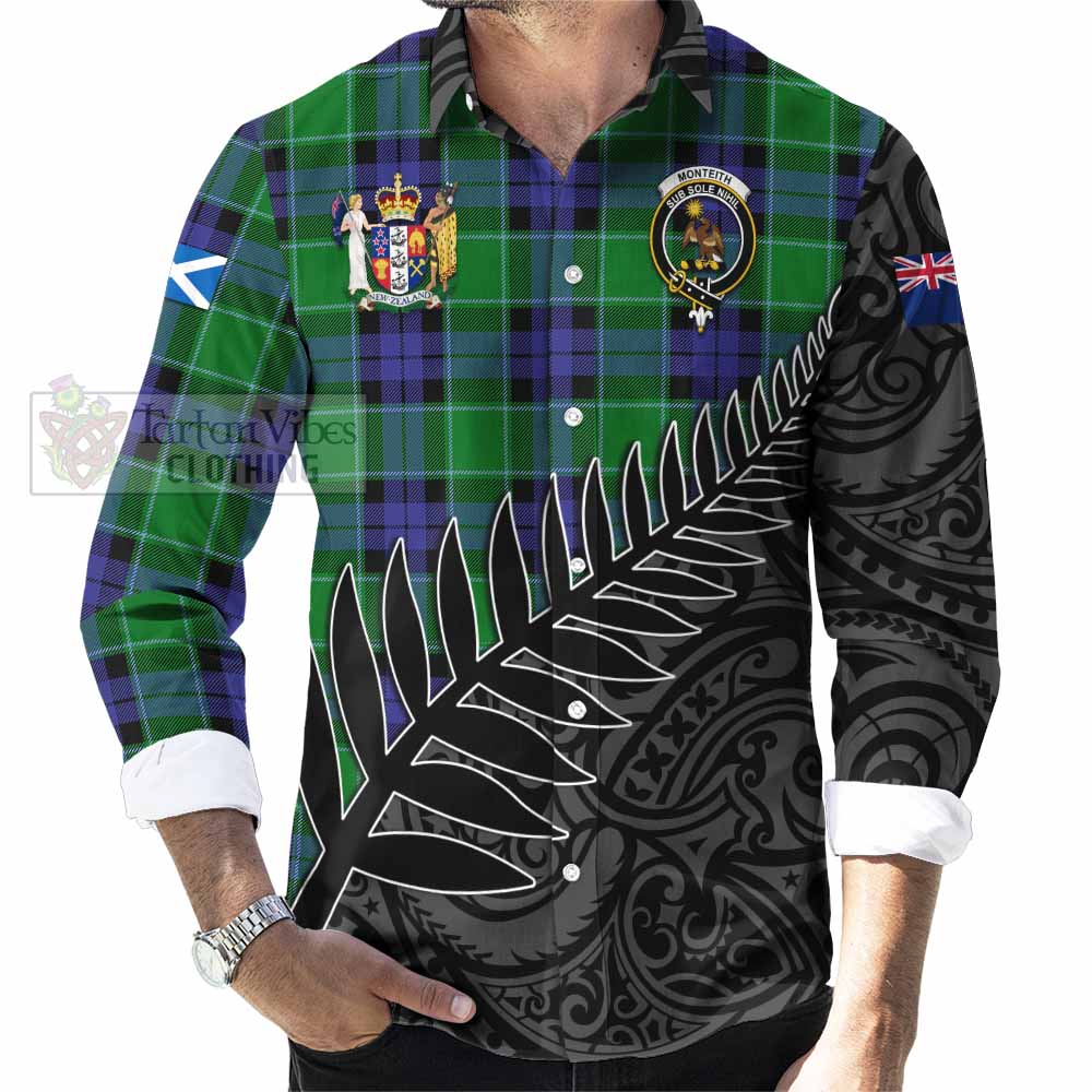 Tartan Vibes Clothing Monteith Crest Tartan Long Sleeve Button Shirt with New Zealand Silver Fern Half Style
