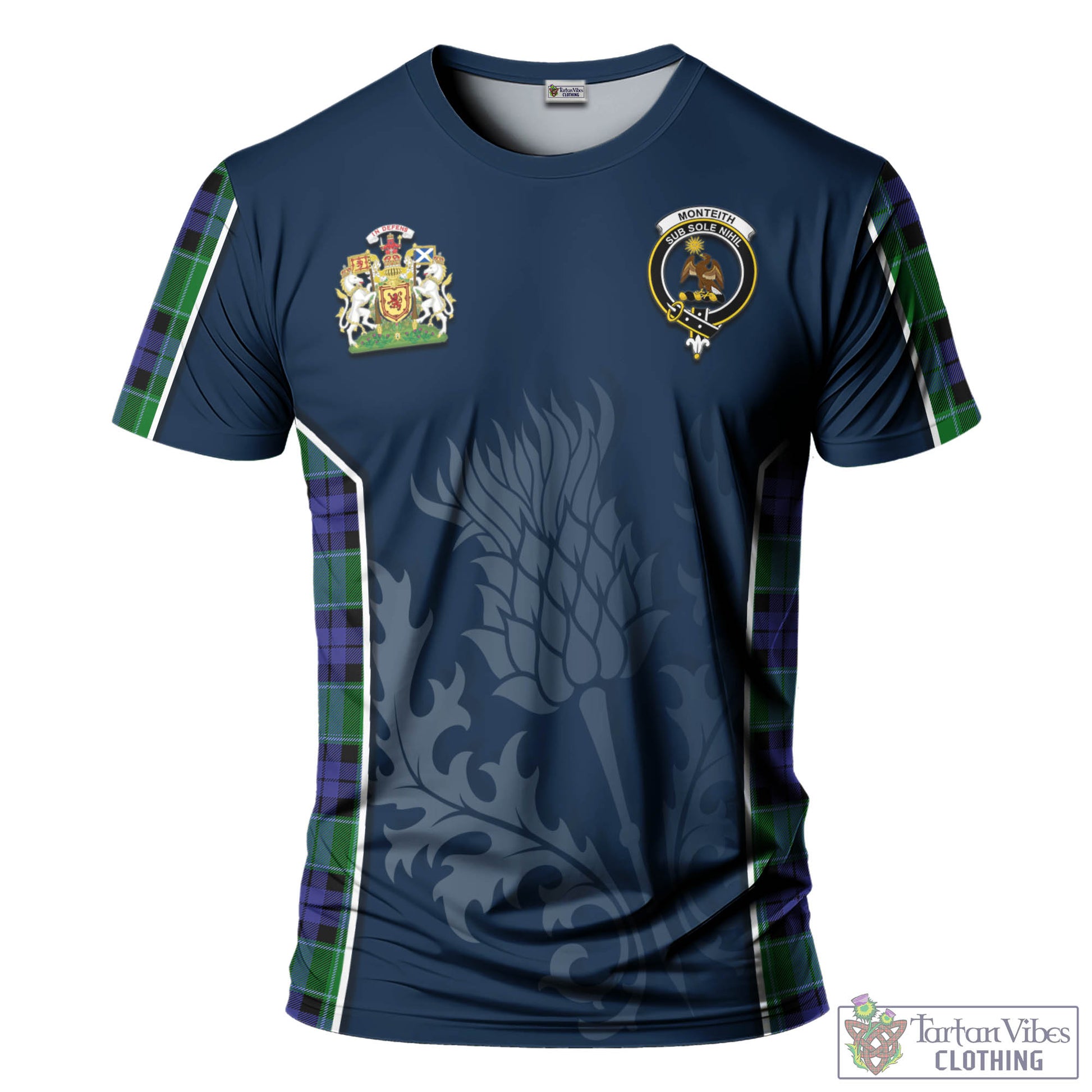 Monteith Tartan T-Shirt with Family Crest and Scottish Thistle Vibes Sport Style - Tartan Vibes Clothing