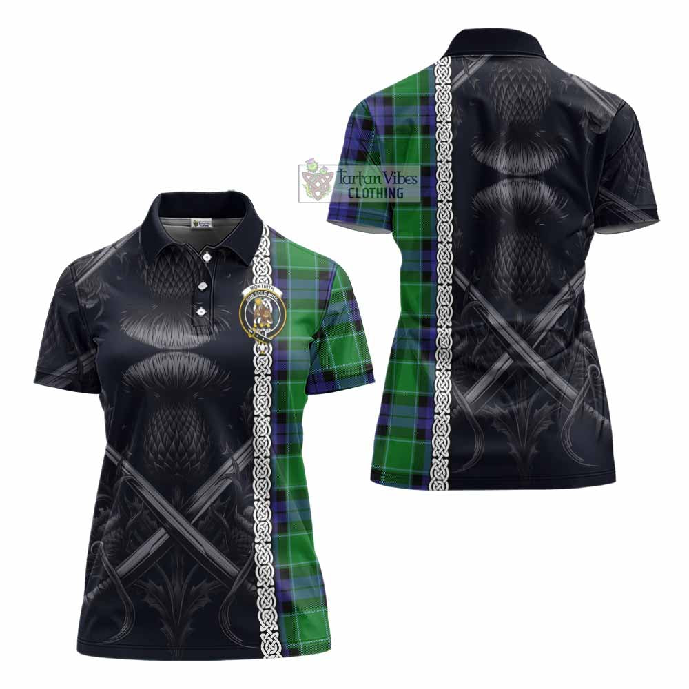 Monteith Tartan Women's Polo Shirt with Family Crest Cross Sword Thistle Celtic Vibes - Tartan Vibes Clothing
