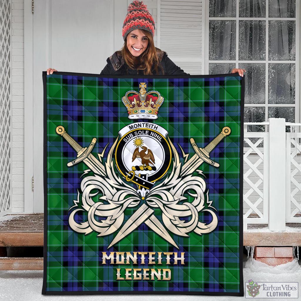 Monteith Tartan Quilt with Clan Crest and the Golden Sword of Courageous Legacy - Tartan Vibes Clothing