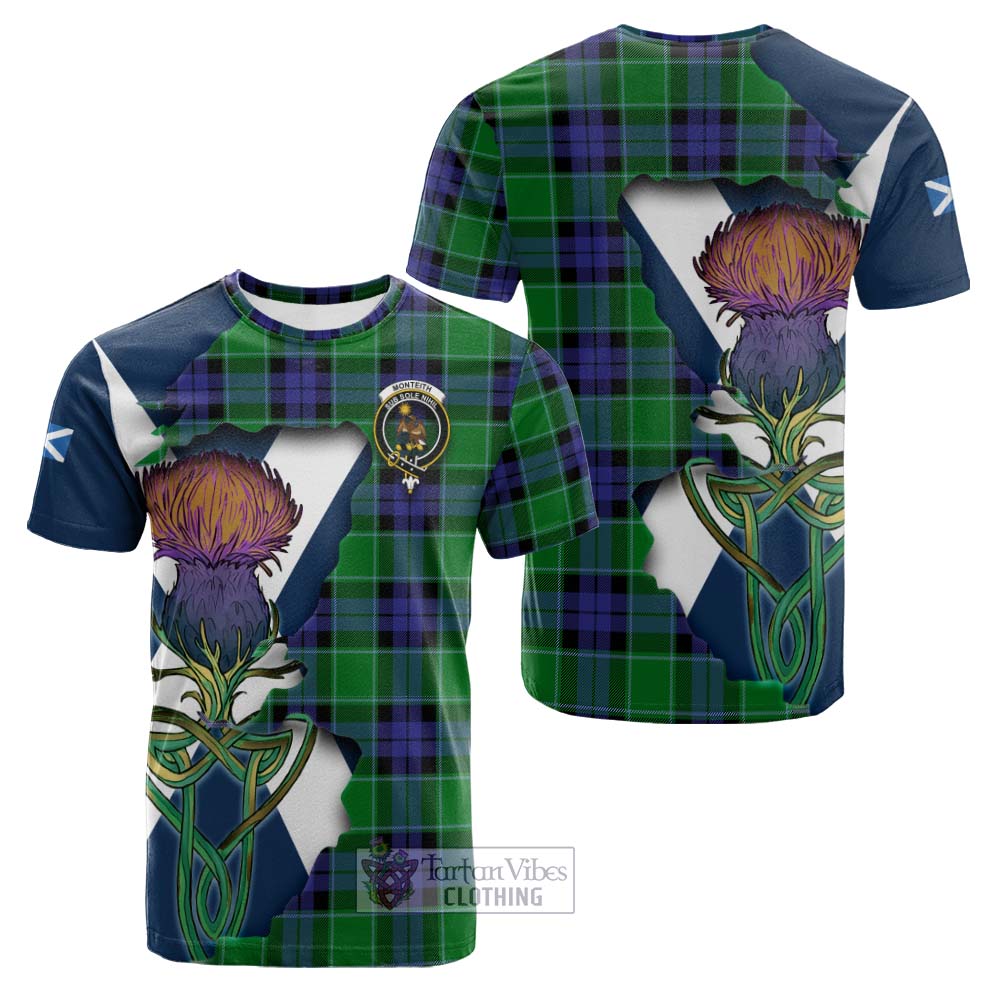 Tartan Vibes Clothing Monteith Tartan Family Crest Cotton T-shirt Scottish Thistle Celtic Inspired