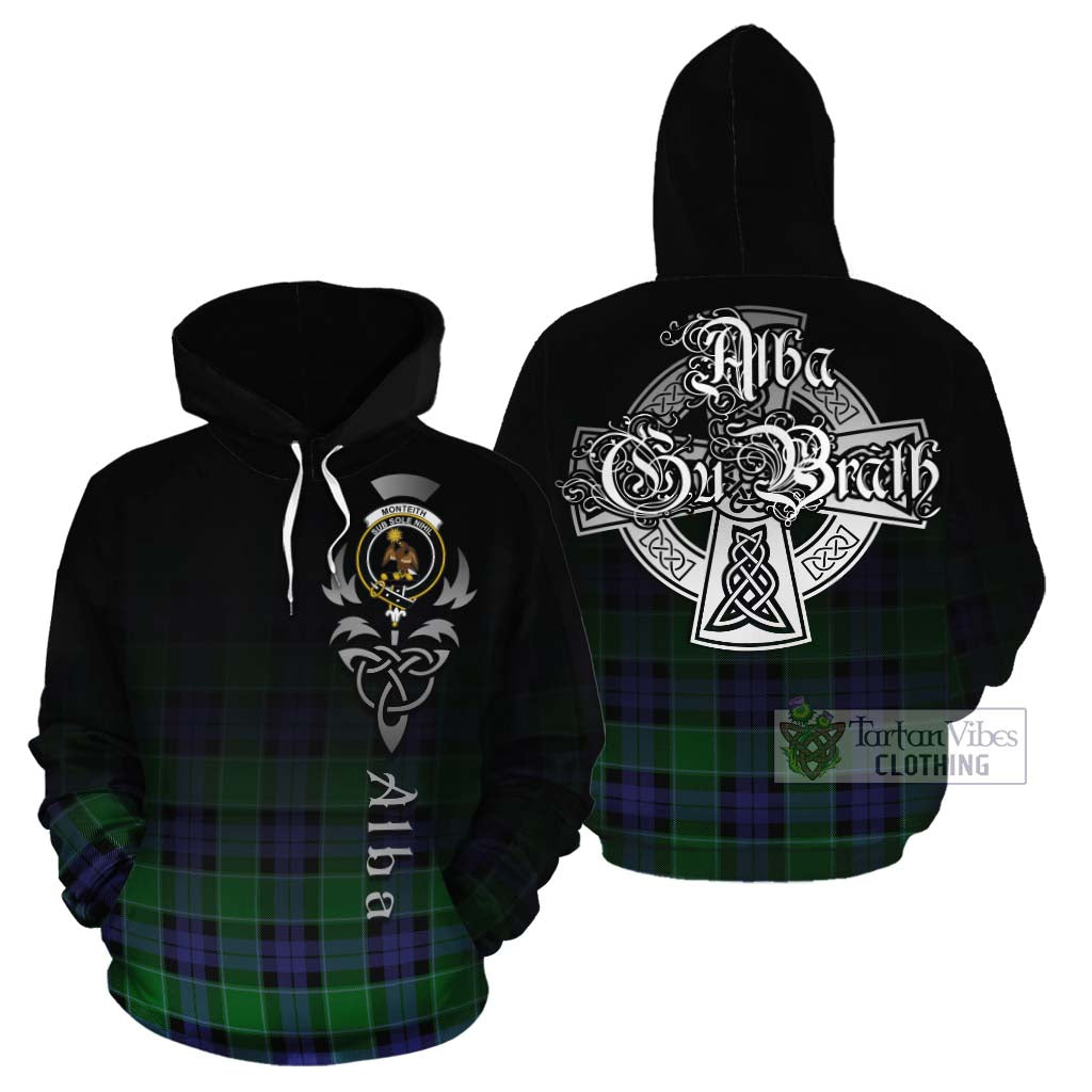 Tartan Vibes Clothing Monteith Tartan Cotton Hoodie Featuring Alba Gu Brath Family Crest Celtic Inspired