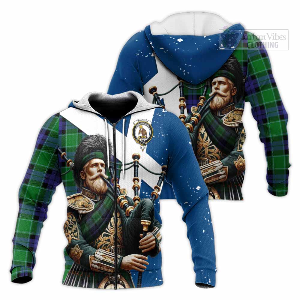 Monteith Tartan Knitted Hoodie with Family Crest Scottish Bagpiper Vibes Unisex Knitted Zip Hoodie - Tartan Vibes Clothing