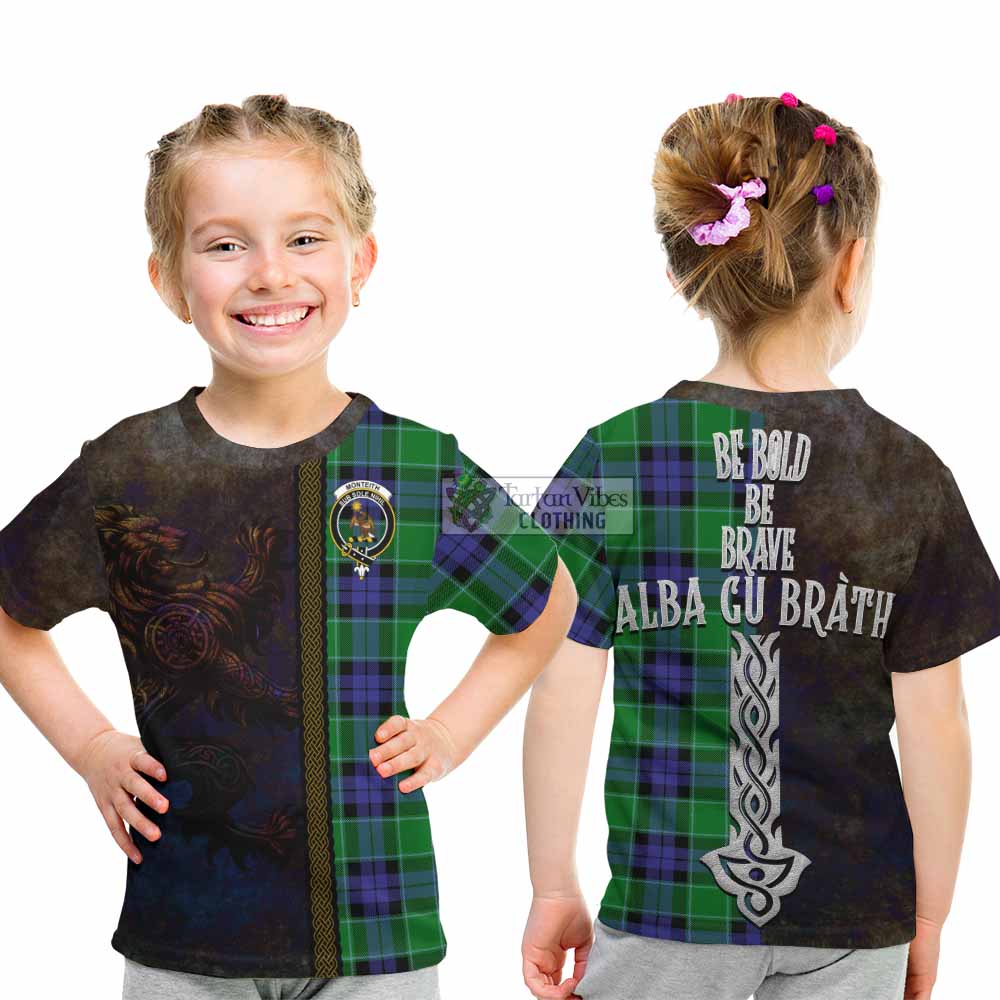 Tartan Vibes Clothing Monteith Tartan Family Crest Kid T-Shirt Alba Gu Brath Be Brave Lion Ancient Style