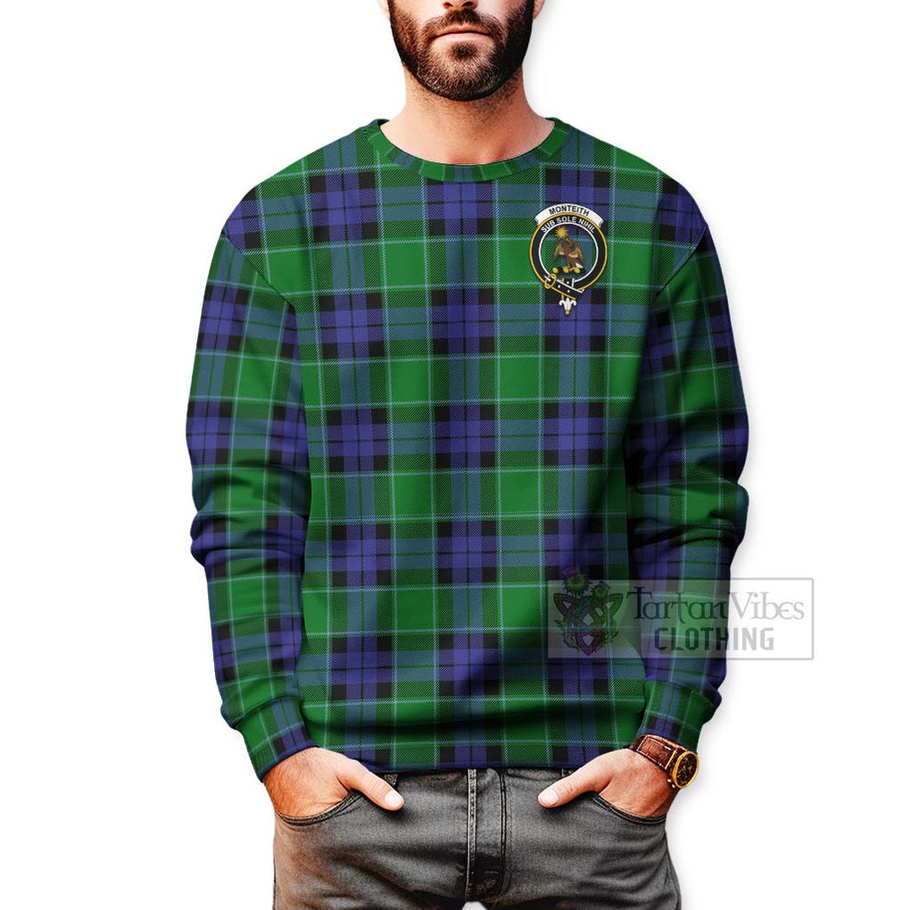 Monteith Tartan Sweatshirt with Family Crest and Bearded Skull Holding Bottles of Whiskey - Tartan Vibes Clothing