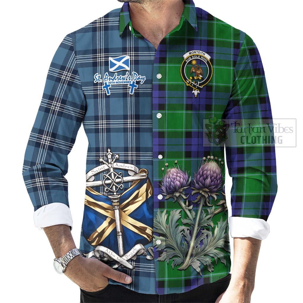 Monteith Tartan Long Sleeve Button Shirt Happy St. Andrew's Day Half Tartan Style - Tartan Vibes Clothing