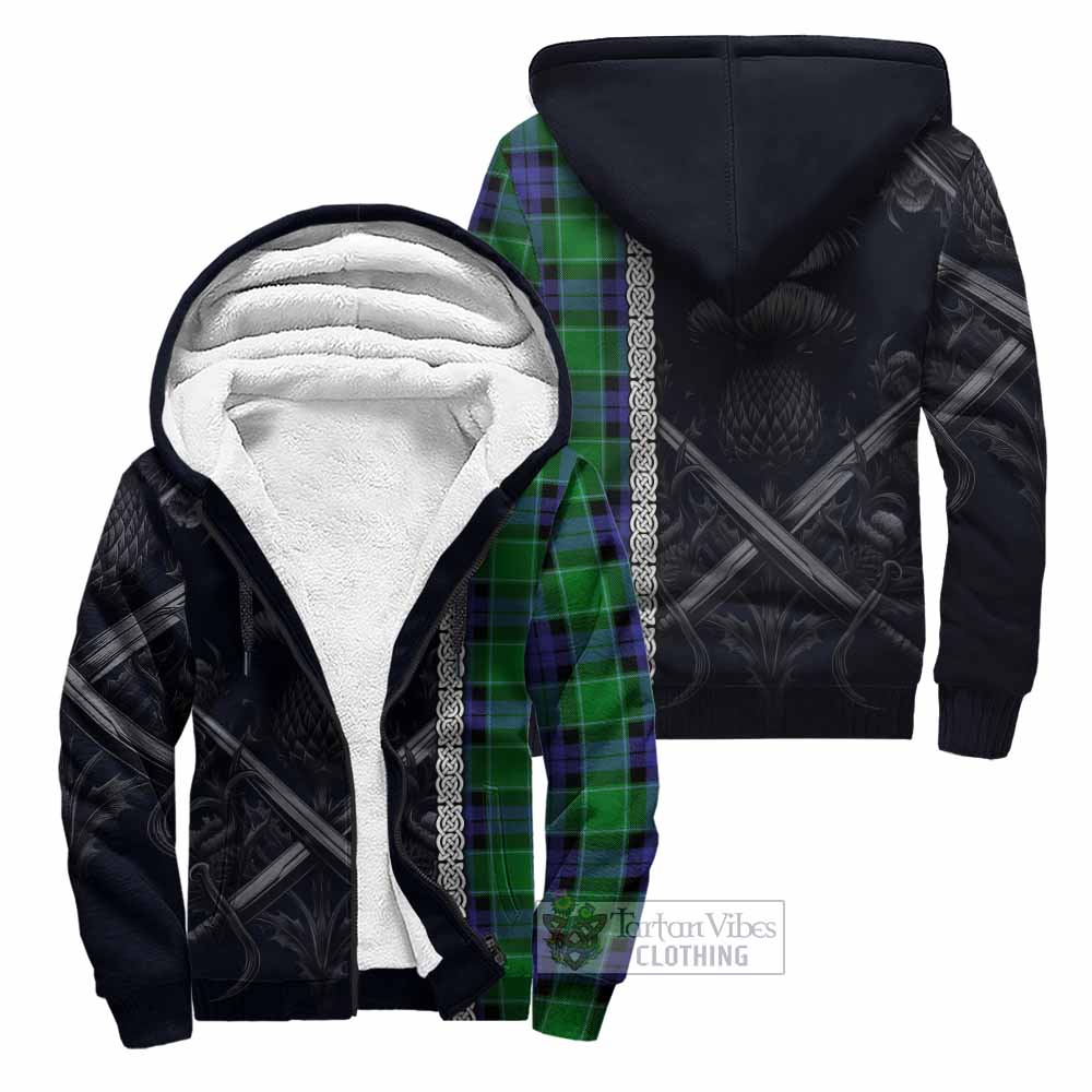Monteith Tartan Sherpa Hoodie with Family Crest Cross Sword Thistle Celtic Vibes Unisex - Tartan Vibes Clothing
